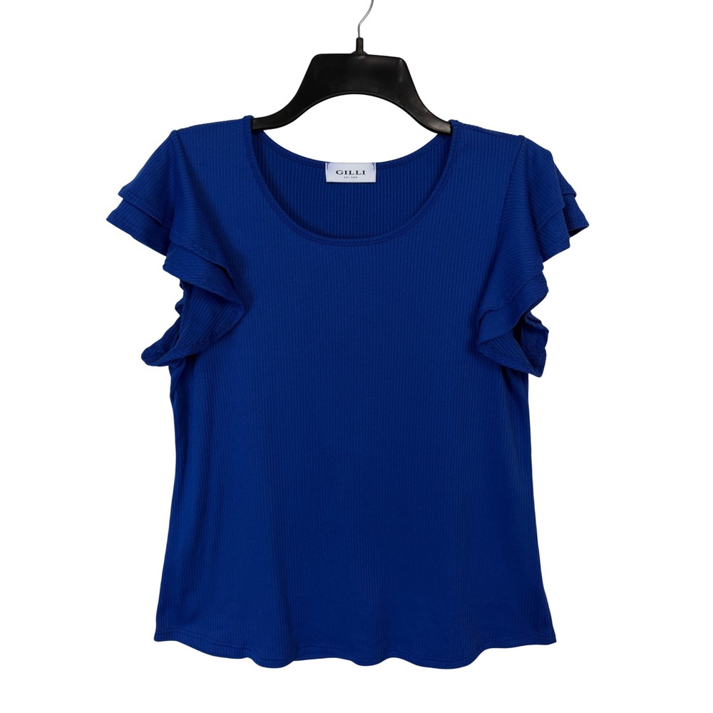 Gilli Ruffle Sleeve Top Womens Size M Royal Blue Ribbed Knit Scoop Neck T10788
